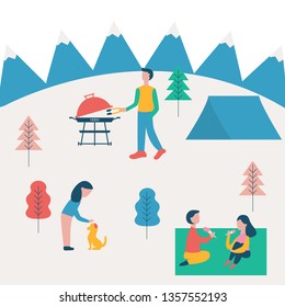 Flat vector illustration of family on picnic. Family spending time together outdoors vector drawing