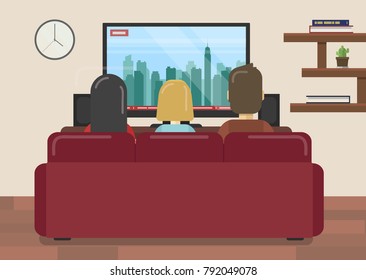 Flat vector illustration of family sitting on couch watching news in living room