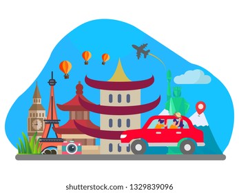 flat vector illustration of family travelling with car, trip on holiday  or comeback from trip. 