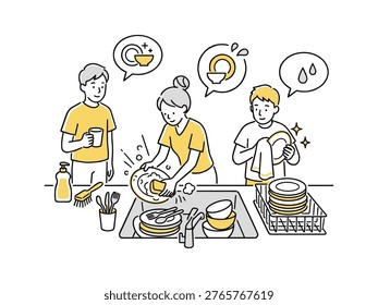 A flat vector illustration of a family working together in the kitchen, washing and drying dishes with soap bubbles and clean icons.