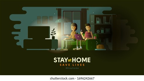 Flat vector illustration. The family works from home during Covid-19. Everyone goes home. Self-isolation from the pandemic.