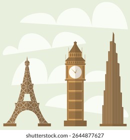 Ilustração vetorial plana de marcos famosos: Paris, Londres e Dubai. Design de viagem mínimo para pôsteres, aplicativos, blogs e conteúdo educacional.