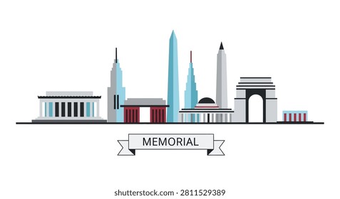 A flat vector illustration of famous world war memorials and historical monuments arranged in a minimalist city skyline style with a banner.