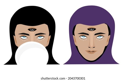 Ilustración vectorial plana, mujer gitana de fantasía con velo negro. Los adivinos miran en bolas de cristal.