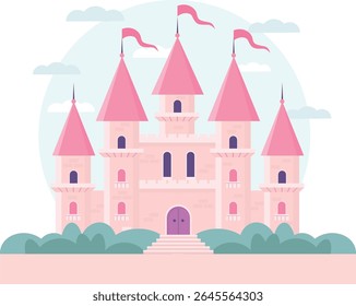 Uma ilustração vetorial plana de um castelo rosa de fantasia com torres altas, bandeiras e uma atmosfera de conto de fadas. Сcolorido e charmoso estilo cartoon