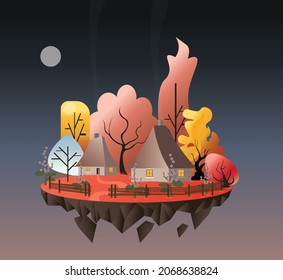 Flat vector illustration of a fantasy village in the night with traditional ukrainian houses and smoaking chimneys. Floating island in the sky. Slavic fantasy, fairy tale concept.