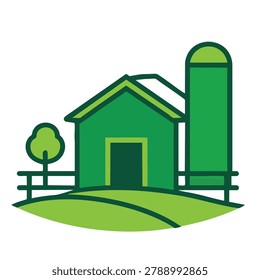 A flat vector illustration of a farm featuring a barn and silo on a grassy hill