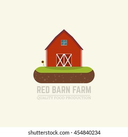 Flat vector illustration farm fresh concept with red barn standing on island of soil with grass, sunflower.