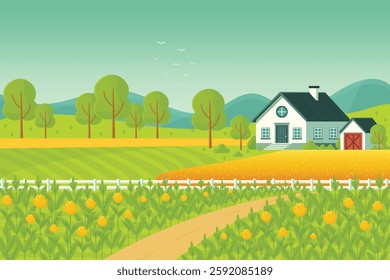 Flat vector illustration of a farm landscape