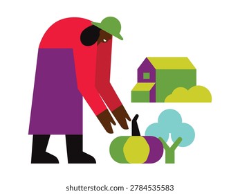A flat vector illustration of a farmer harvesting a large pumpkin in front of a rural house, using a bold and colorful minimalist geometric style.