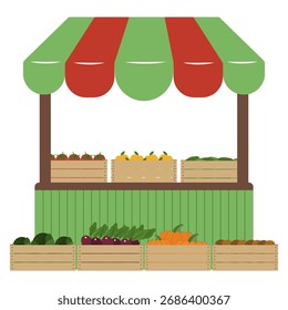 Flat vector illustration of farmer market stall with fresh organic fruits and vegetables in wooden crates, natural healthy food, local produce, agriculture and eco farming concept design.