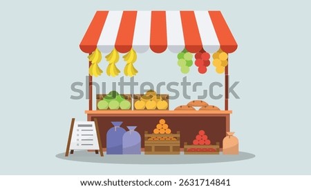 Flat Vector Illustration of a Farmers Market Fruit Stand with Fresh Produce