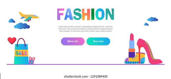 Flat vector illustration, fashion items colored web graphic design banner with buttons