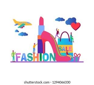Flat vector illustration, fashion items colored web graphic design banner