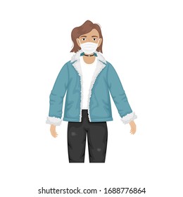 Flat vector illustration of a fashionable girl in a denim jacket with fur and trendy glasses and protective masks against viruses. Prevention of the coronavirus epidemic.