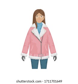 Flat vector illustration of a fashionable girl in a pink biker sheepskin coat.