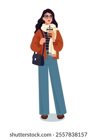 A flat vector illustration of a fashionable young woman standing confidently while holding a coffee cup. She is dressed in a cozy casual outfit, featuring a scarf, oversized jacket, and flared jeans