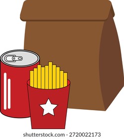 Flache Vektorgrafik eines Fast-Food-Take-Out-Sets mit knusprigen Pommes Frites in einem roten Karton, einer Soda-Dose und einer braunen Papiertüte.