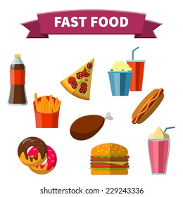 Flat Vector Illustration of FastFood for Design, Website, Background Banner. FAt Meal Food Template for Menu. Pizza, Soda, Chicken, Potato, Popcorn, Hot Dog, Donat 