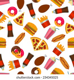 Flat Vector Illustration of FastFood for Design, Website, Background Banner. FAt Meal Food Template for Menu. Pizza, Soda, Chicken, Potato, Popcorn, Hot Dog, Donat 