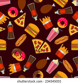 Flat Vector Illustration of FastFood for Design, Website, Background Banner. FAt Meal Food Template for Menu. Pizza, Soda, Chicken, Potato, Popcorn, Hot Dog, Donat 