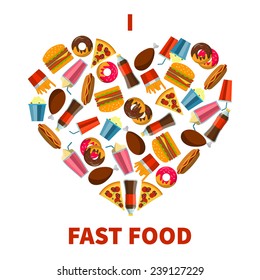 Flat Vector Illustration of FastFood for Design, Website, Background Banner. FAt Meal Food Template for Menu. Pizza, Soda, Chicken, Potato, Popcorn, Hot Dog, Donat