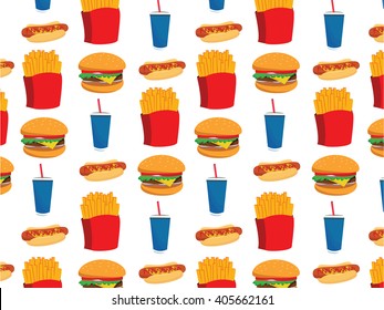 Flat Vector Illustration of FastFood for Design, Website, Background Banner. FAt Meal Food Template for Menu. Soda, Potato, Popcorn, Hot Dog, french fries.