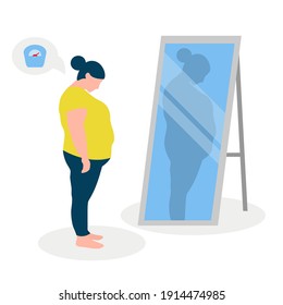 Flat vector illustration of a fat girl with low self-esteem standing in front of a mirror. The girl looks into her distorted reflection.