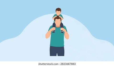 Flat vector illustration of father carrying small son on shoulders. Minimalist faceless style on light blue abstract background depicting parenting and family bonding concepts.