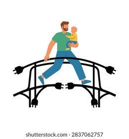 Flat vector illustration of a father carrying a small child while walking across a bridge made of electrical cables and plugs.