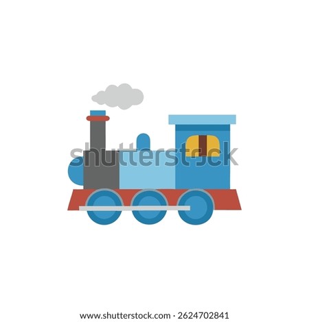 A flat vector illustration features a blue steam train with smoke on a White Background creating vintage style.
