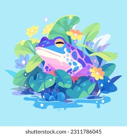 flat vector illustration features a delightful frog in a puddle amidst the enchanting forest, exuding a sense of playfulness. It captures the charm of nature's smallest creatures and their habitat