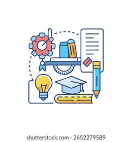 A flat vector illustration features educational objects like a graduation cap and pencil. Vibrant colors create a playful learning theme.