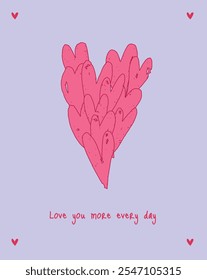 Flat vector illustration features a playful pattern of hand-drawn hearts in various sizes and styles. The hearts are filled with pink shades and set against a soft purple background.