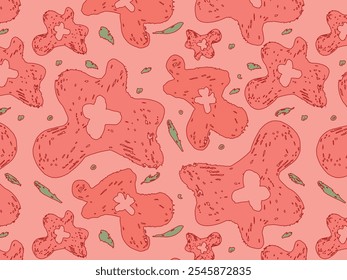 Flat Vector Illustration featuring abstract floral shapes in a seamless pattern; red and pink organic forms; decorative background design for Valentine's Day, Women's Day, and spring themes