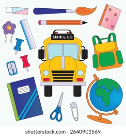 Flat vector illustration featuring back to school elements like a school bus, globe, backpack, and various stationery. Ideal for educational themes, classroom materials, and kids design projects.