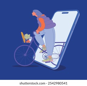 Ilustración vectorial plana con un personaje montando una bicicleta con una cesta de comestibles. La mujer está vestida con ropa casual, sonriendo, y la escena está aislada sobre un fondo azul.