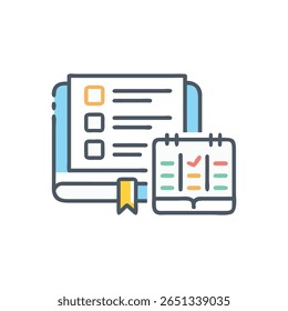 Ilustración vectorial plana con un cuaderno de lista de verificación con calendario que simboliza la planificación y la organización con un estilo minimalista limpio y acentos de colores llamativos.