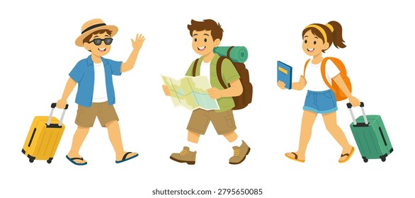 Flat vector illustration featuring cheerful tourist travelers with luggage, backpack, passport, and map. Travel character collection isolated on a clean background, perfect for tourism campaigns