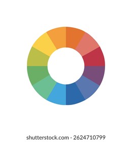 A flat vector illustration featuring a circular color wheel divided into segments on a White Background. Colors range from yellow to violet.