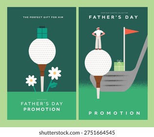 A flat vector illustration featuring a close-up of a golf ball on a tee with a golf club and tiny people. Designed in a clean and modern style for Father's Day sports promotions, golf club banners, and social media.