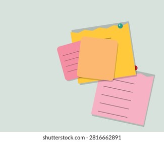 a flat vector illustration featuring a cluster of yellow pink and orange sticky notes layered together with push pins on a soft grey background for office and school organization