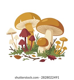 A flat vector illustration featuring a cluster of diverse mushrooms including large brown caps and small red ones nestled in green moss with fallen autumn leaves