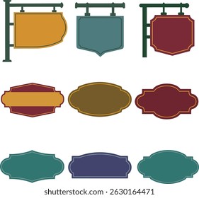 A flat vector illustration featuring a collection of colorful vintage signage labels in retro hues such as mustard yellow, burgundy, forest green, and faded blue. Perfect for branding.