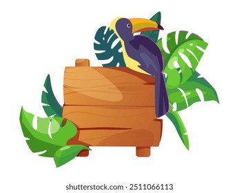 flat vector illustration featuring a colorful toucan bird perched on a wooden sign surrounded by large vibrant tropical leaves providing an exotic jungle aesthetic