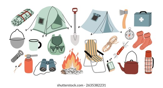Ilustração de vetor plano com um conjunto colorido de equipamentos de acampamento isolados e itens ao ar livre. Perfeito para projetos de viagem e aventura.