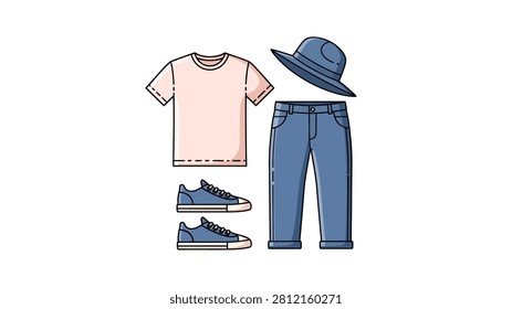 A flat vector illustration featuring a complete casual outfit set. It includes a light pink t-shirt, blue denim jeans, a matching blue sun hat, and a pair of blue canvas sneakers. The items are neatly arranged on a plain white background, perfect for fashion, travel, or lifestyle-themed designs.