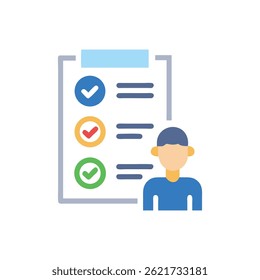A flat vector illustration featuring a completed checklist next to a person. Represents evaluation, assessments, and employee performance in modern style.