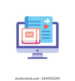 A flat vector illustration featuring a computer monitor with a document and app icon floating above it. Bright and modern design.