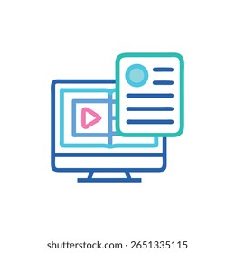 Flat vector illustration featuring a computer monitor with a video play button and adjacent document icon in blue and teal lines.